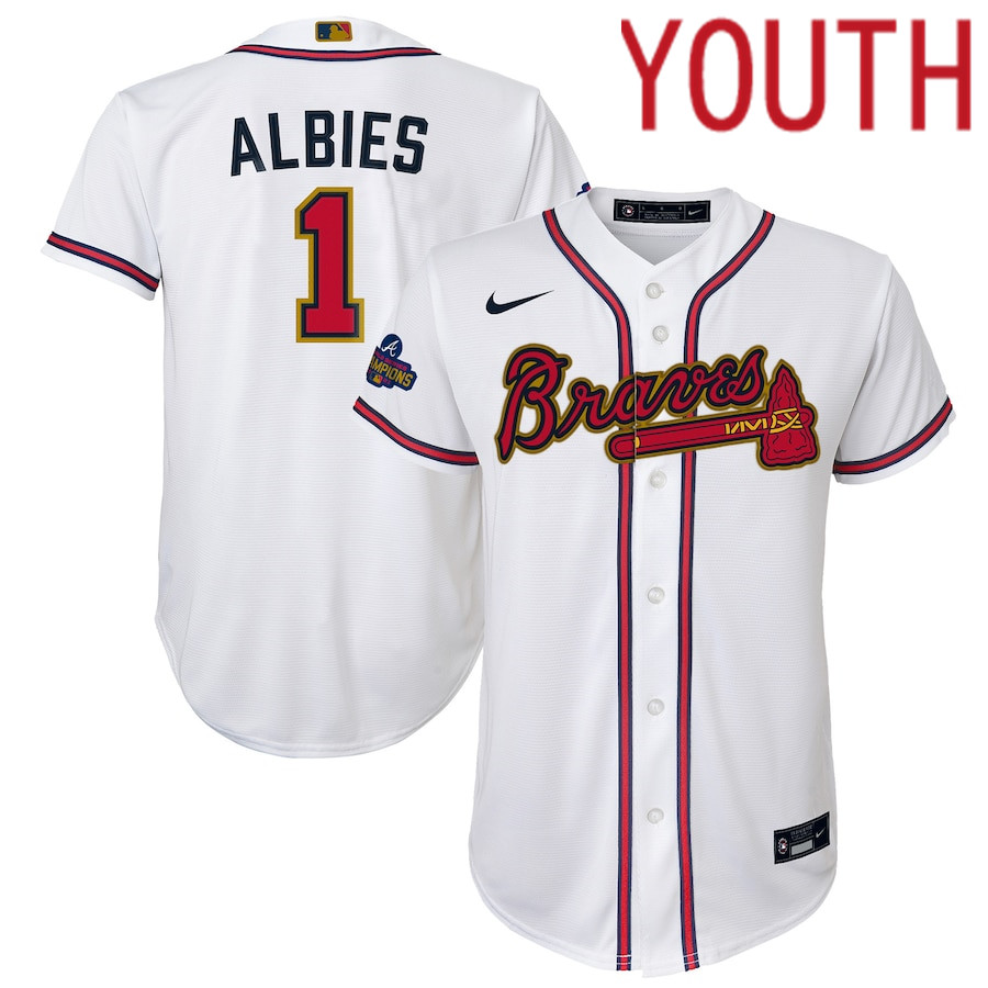 Custom Youth Atlanta Braves 1 Ozzie Albies Nike White 2022 Gold Program Replica Player MLB Jersey